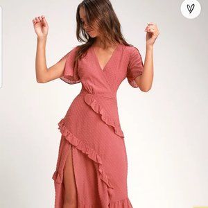 Lulu’s Rusty Rose Next to You Swiss Dot Midi Dress NWT